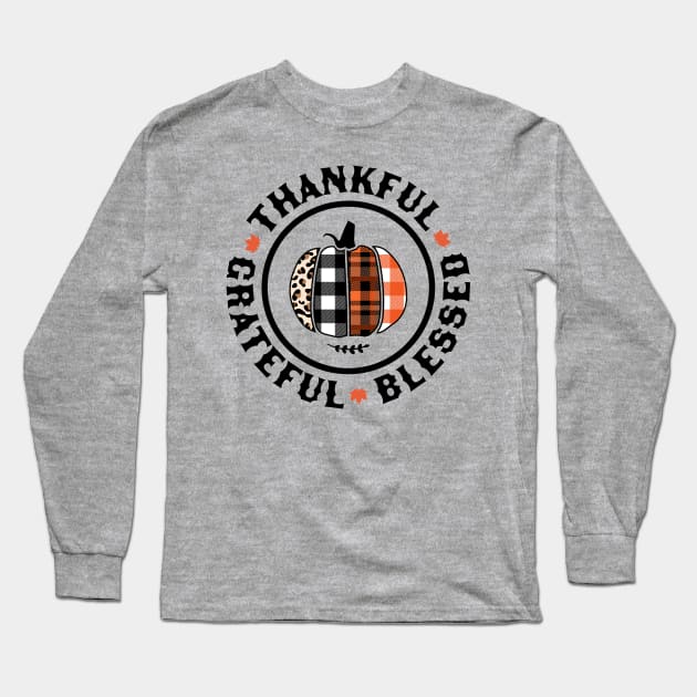 Thankful Grateful Blessed Orange Plaid Leopard Pumpkin Fall Long Sleeve T-Shirt by OrangeMonkeyArt